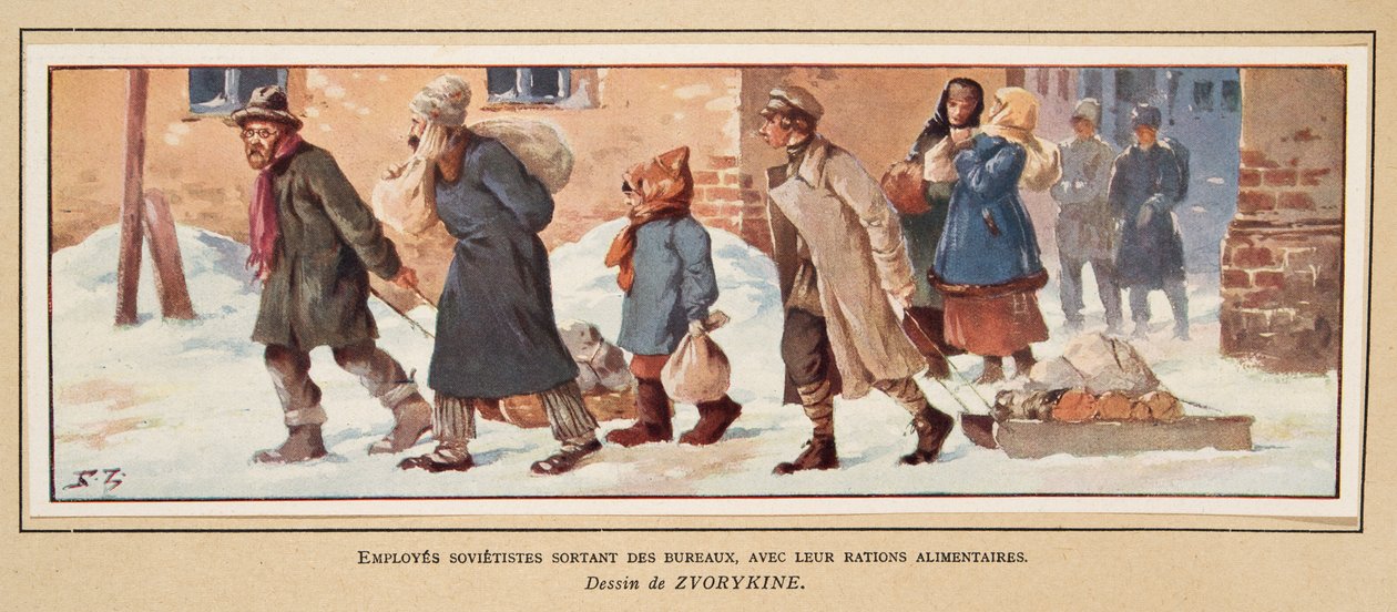 Soviet Workers leaving the office with their food rations, from Histoire des Soviets, pub. 1922 by Boris Vasilievich Zvorykin