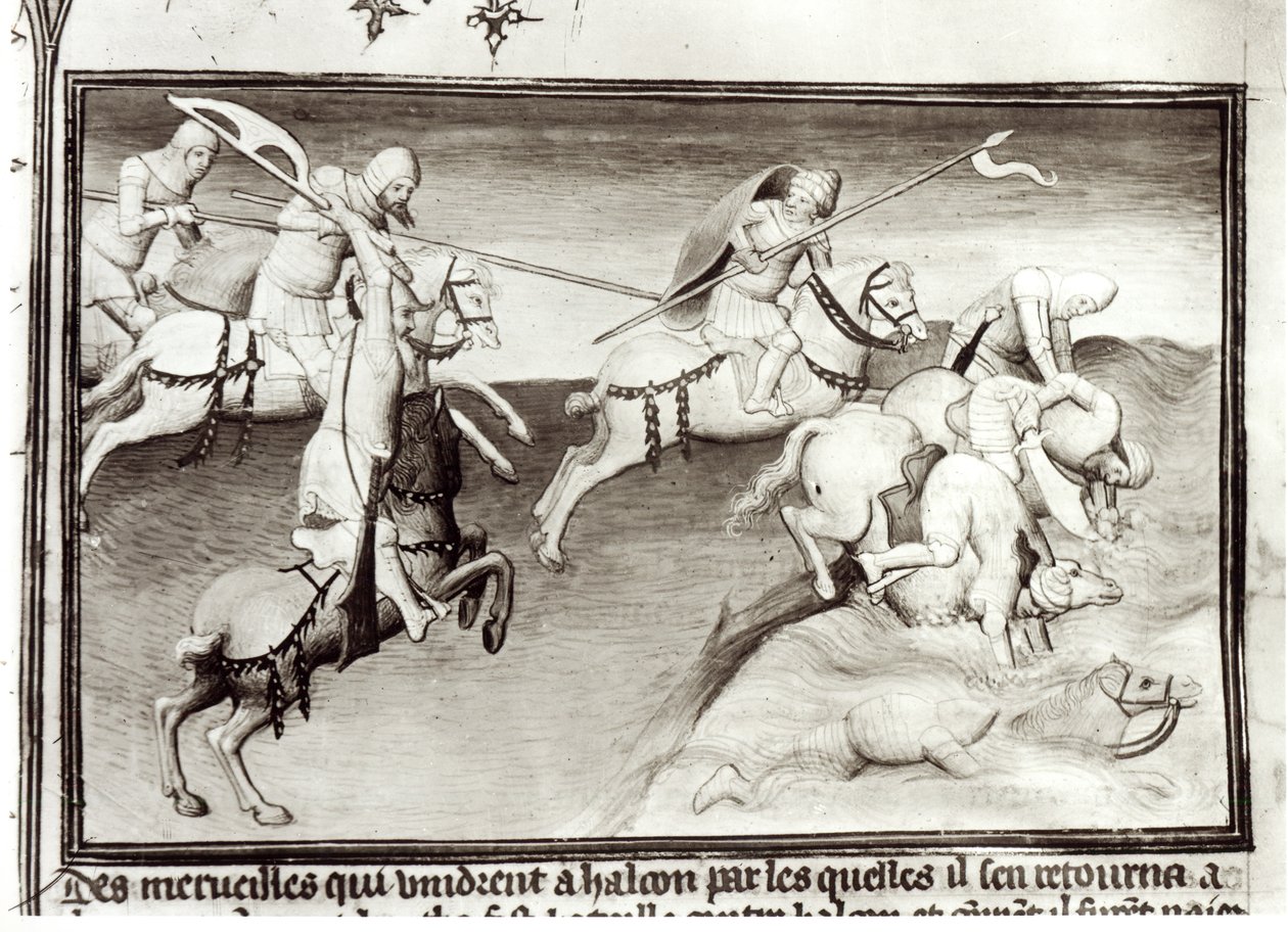 The Mongol leader, Hulagu, khan of the Ilkhanate chases his cousin, Berke, khan of the Kipchak or Golden Horde in 1262, forcing him into a river, from Livre des Merveilles du Monde by Boucicaut Master