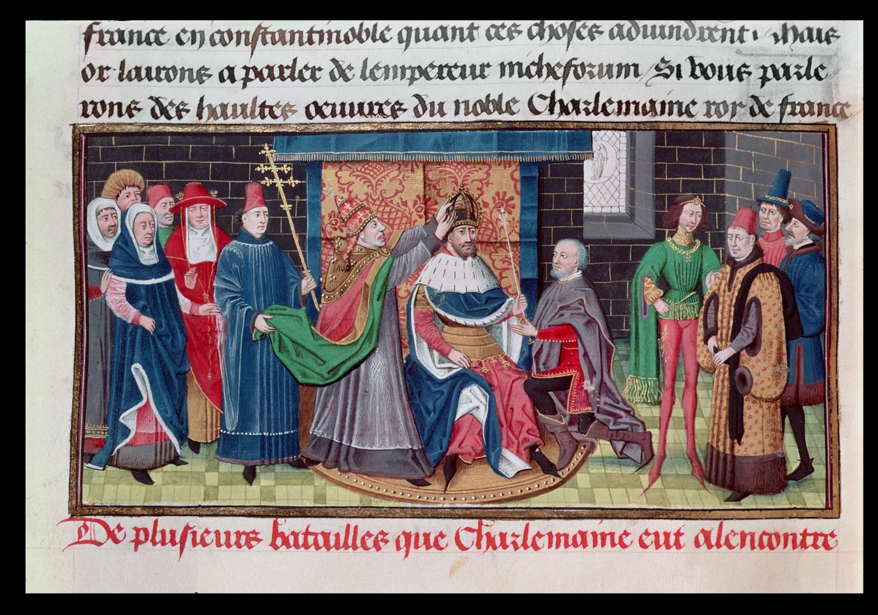 The Coronation of Emperor Charlemagne (747-814) by Pope St. Leo III (d.816) on Christmas Eve 800 AD, from Chroniques des Empereurs by David Aubert, 1462 by Brabant School