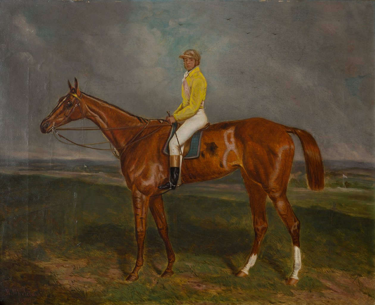A Chestnut Racehorse with Jockey by British School