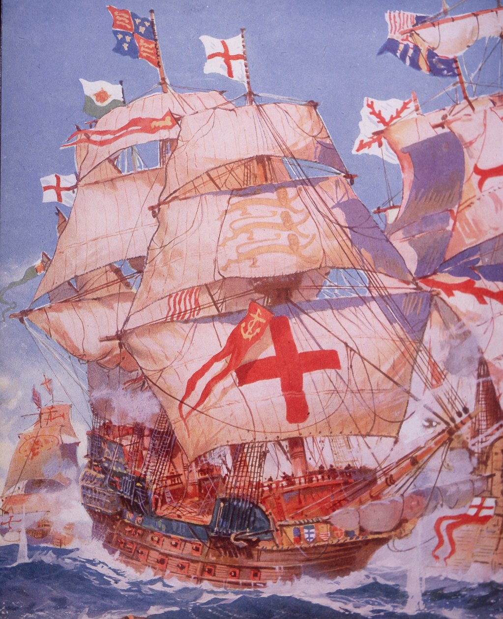 Ark Royal fighting Spanish Armada in 1588 by British School