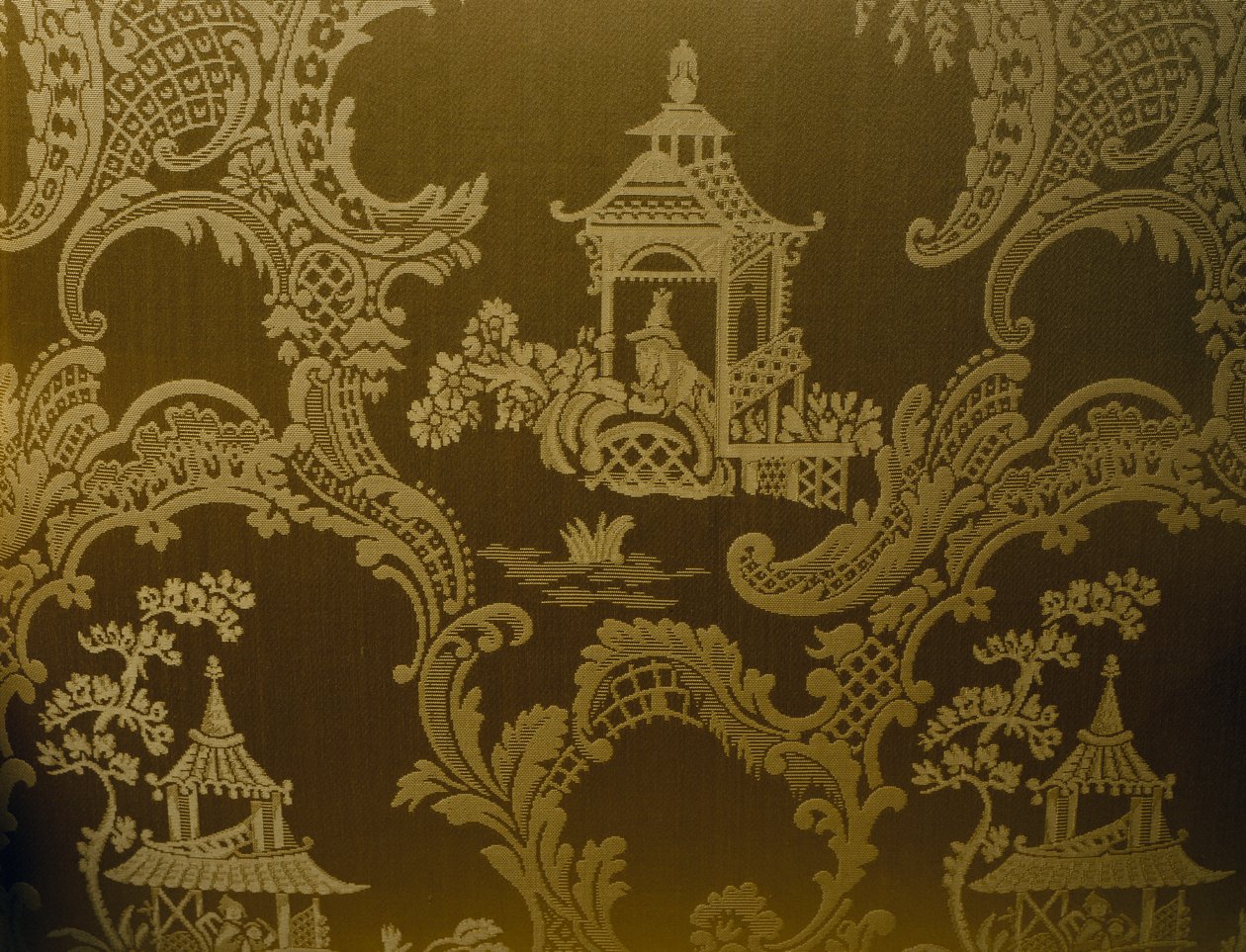 Chinese motifs, detail from upholstery on George II style armchair, carved wood, padded arms and upholstered back and seat, ca 1750, United Kingdom by British School