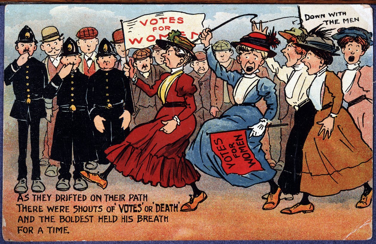 Demonstration of English suffragettes - cartoon postcard by British School