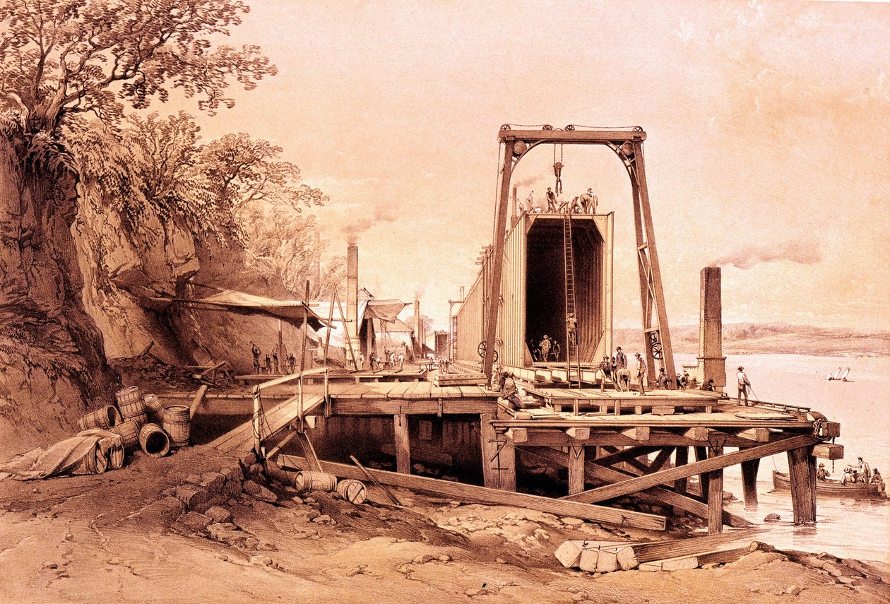 Industrial Revolution: Installation of a Prefabricated Bridge. Engraving from 