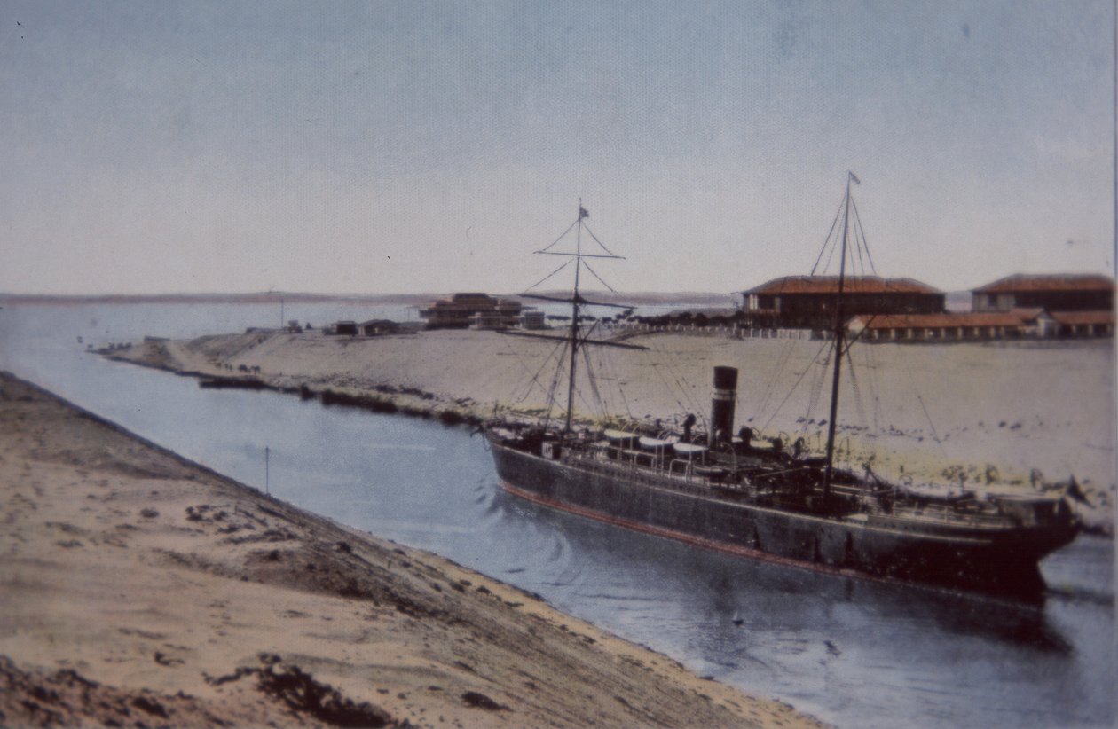Ship passing through Suez Canal, late 19th century by British School