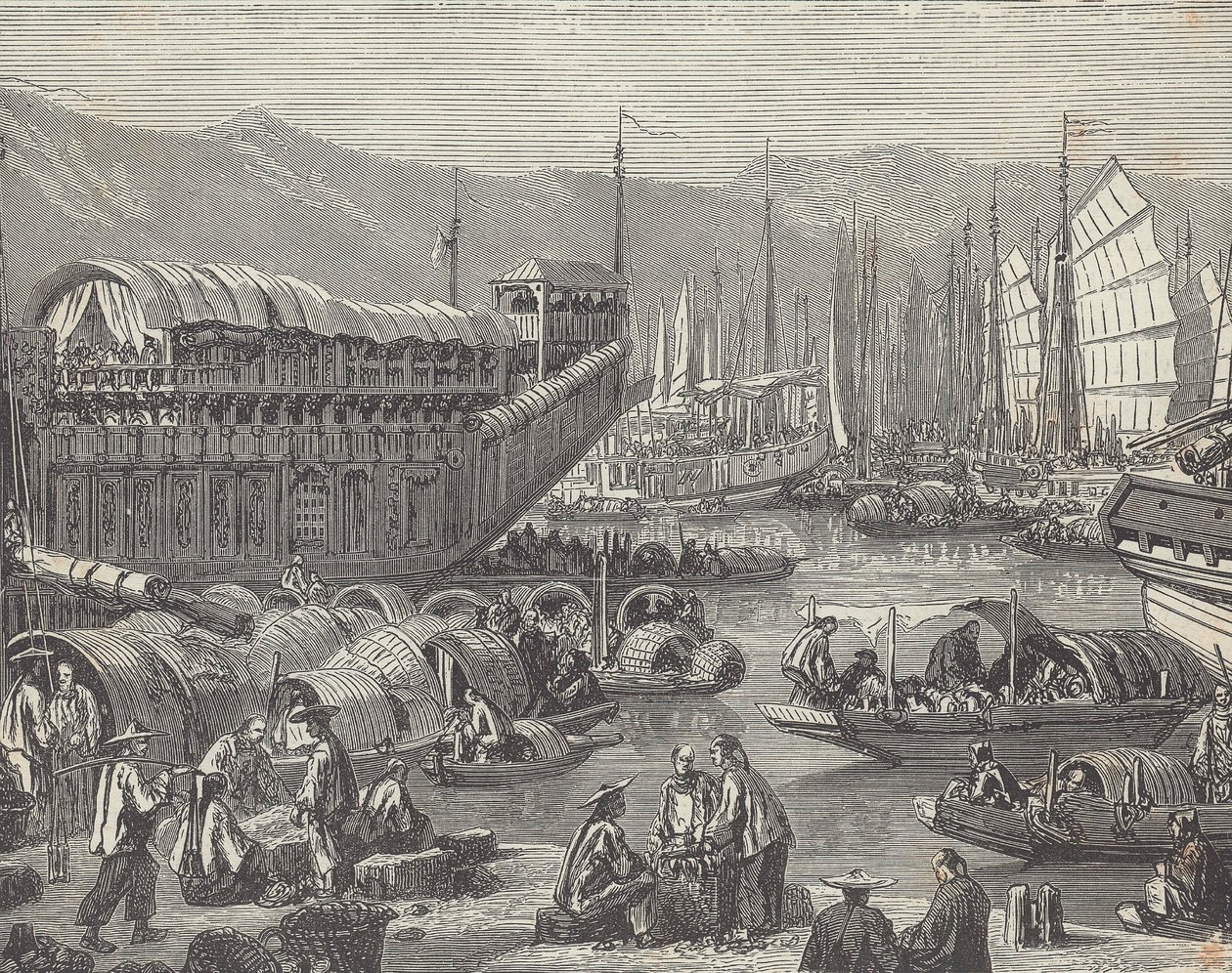 Vessels in busy port, Shanghai, China by British School