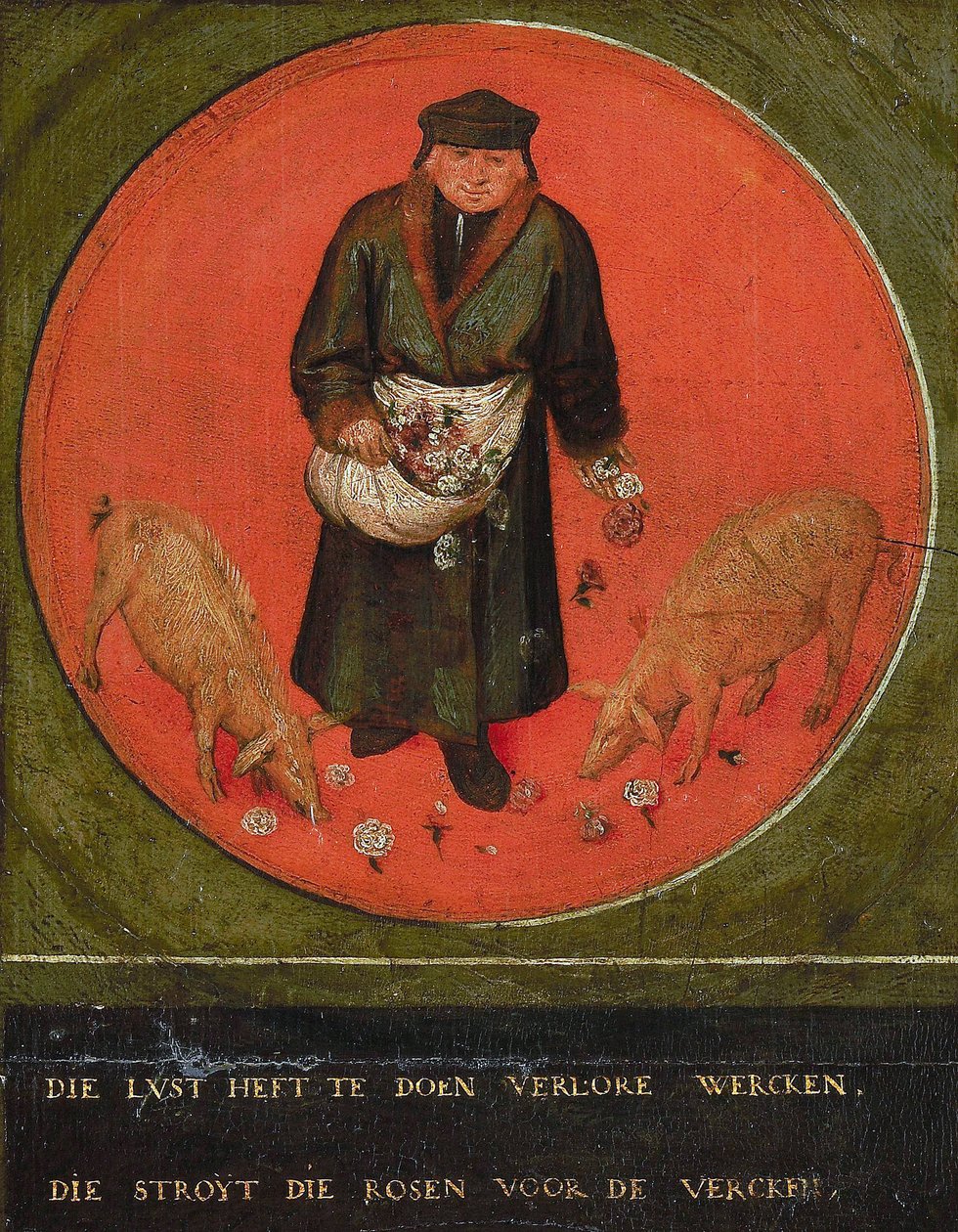 He who would waste his effort casts roses before swine, 1558 by Bruegel