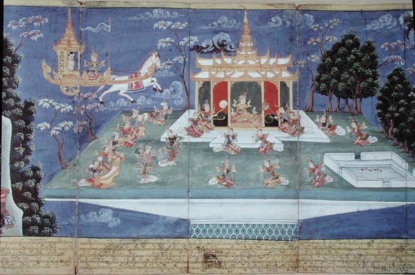 King Nimi in his divine chariot sent by Indra and led by the angel Matali, visits the skies and finds women of incomparable beauty, from the Nimi Jataka, 1869 by Burmese School