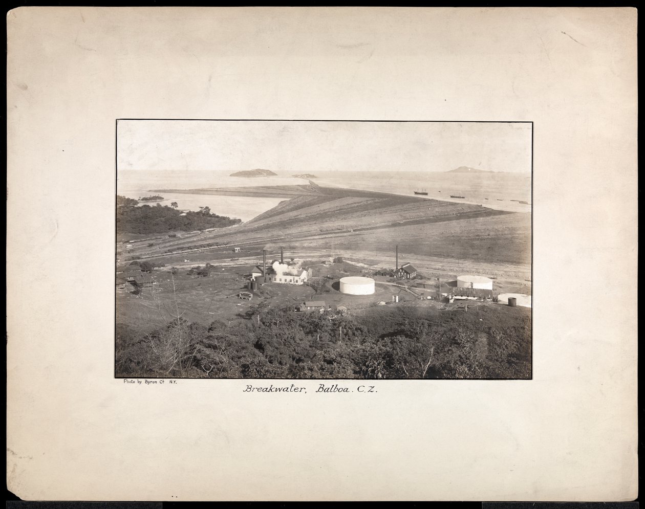 Aerial view of a breakwater at Balboa, the Pacific entrance to the Panama Canal, 1912 or 1913 by Byron Company