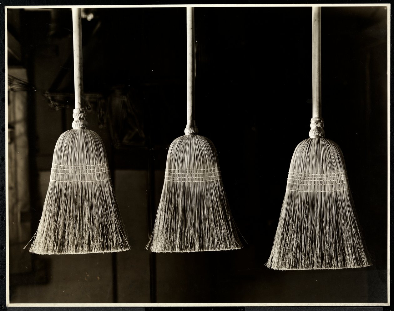 Closeup View of Three Brooms, Presumably Made by the Men of the Bourne Memorial Building, New York by Byron Company