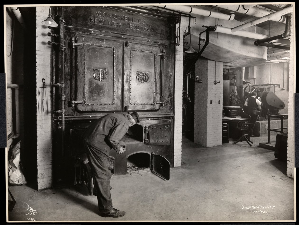 Interior view of men working in the furnace room at Parke, Davis and Co., chemists, Hudson and Vestry Streets, New York by Byron Company