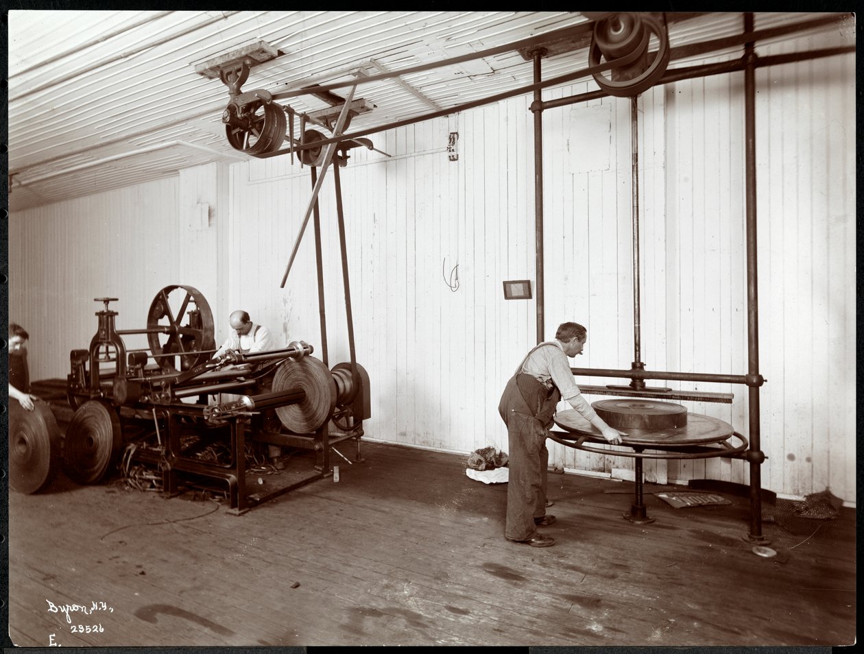 Interior View of Men Working on Leather at the New York Leather Belting Co., New York, 1906 by Byron Company