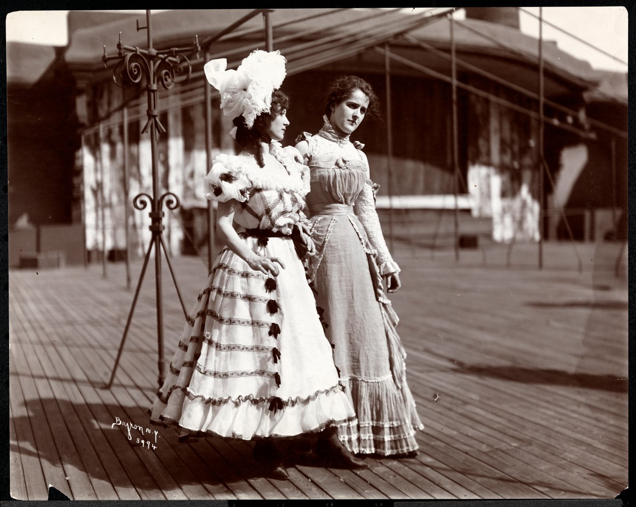 Two Actresses in Costume Rehearsing on the Roof of What is Probably the New York Theatre, New York by Byron Company