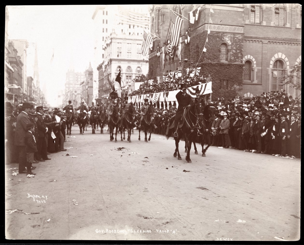 View of Governor Theodore Roosevelt leading Troop A in the Dewey Parade on Fifth Avenue, New York by Byron Company