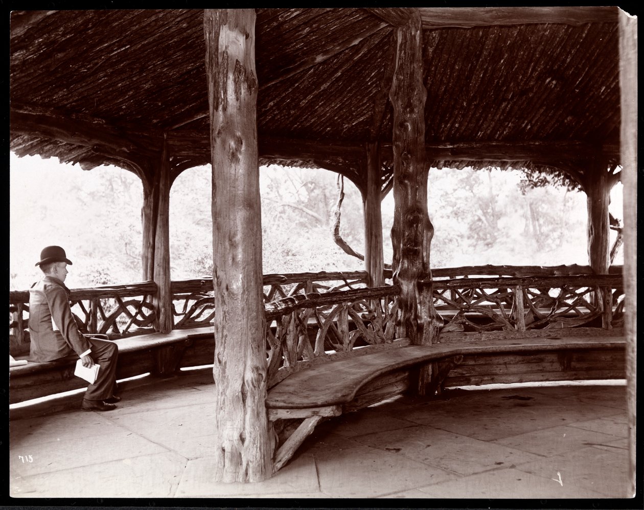 View of a Man Seated in a Rustic Landscape Pavilion in Central Park, New York, 1895 by Byron Company