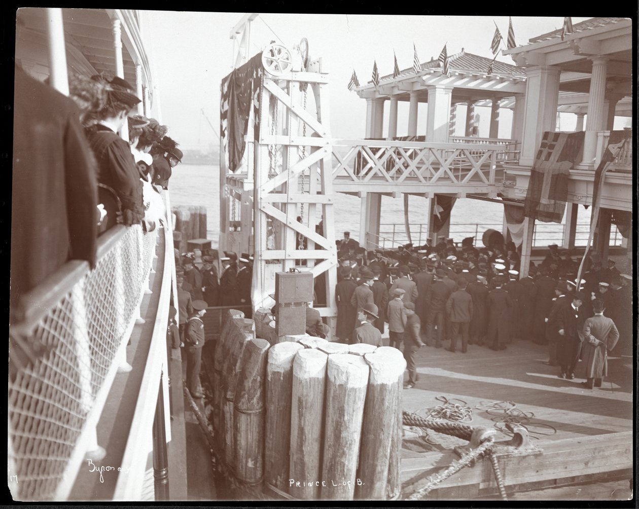 View of crowds on the C.W. Morse and on the 42nd Street dock on the Hudson River upon the visit of Prince Louis of Battenberg by Byron Company