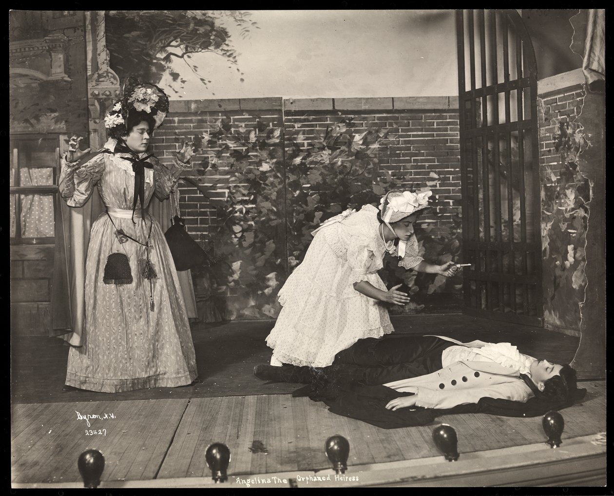 A scene from an amateur production of a play titled Angelina, The Orphaned Heiress presented at Barnard College, New York by Byron Company