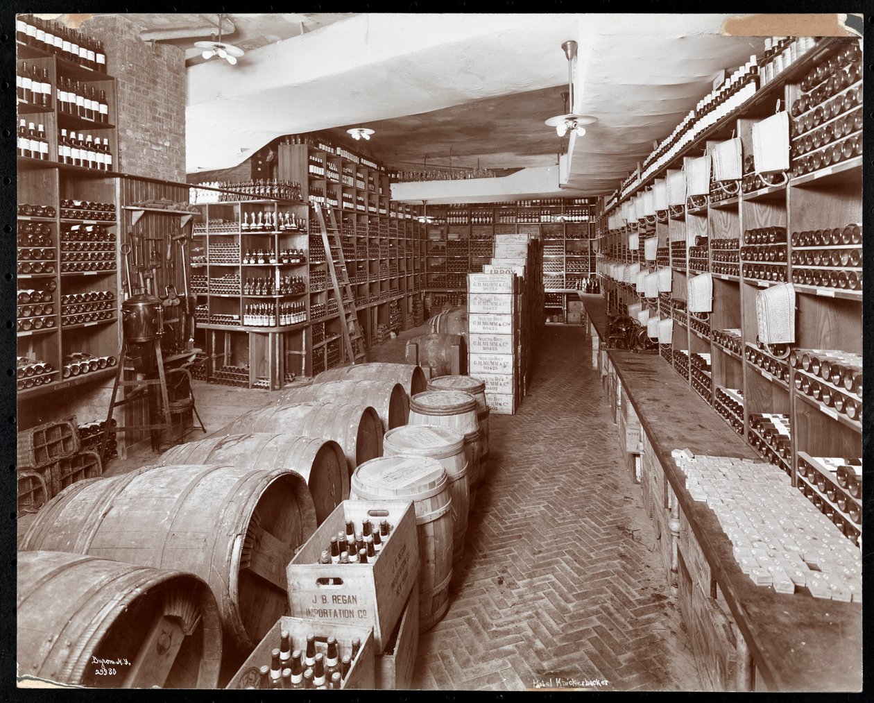 Wine cellar at the Hotel Knickerbocker, 1906 by Byron Company