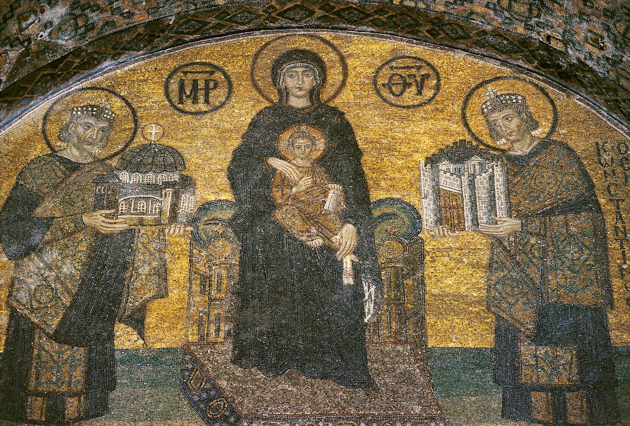 Virgin and Child between the Emperors Justinian and Constantine at Hagia Sophia (mosaic) by Byzantine