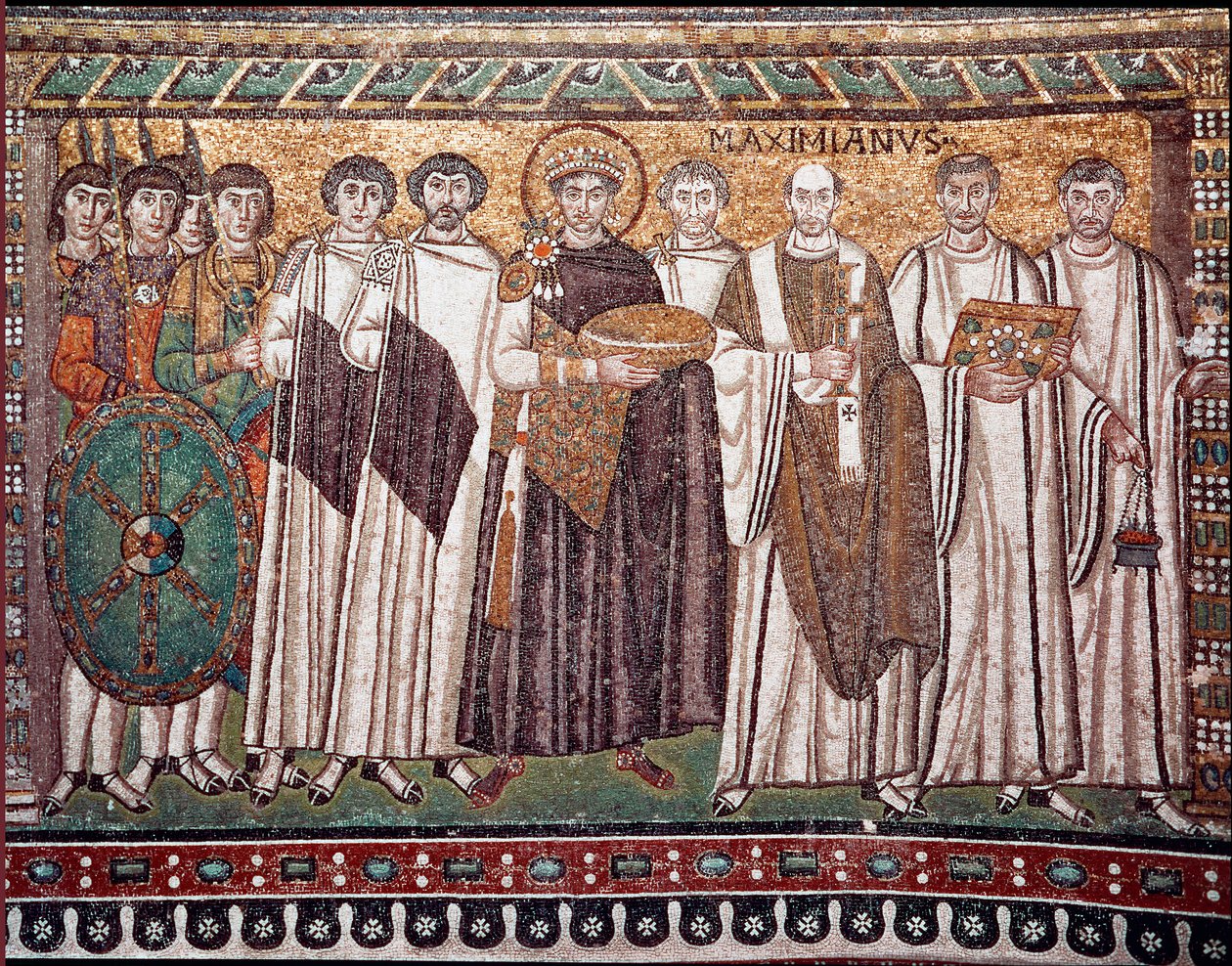 Emperor Justinian I and his retinue of officials, guards and clergy, c.547 AD by Byzantine School