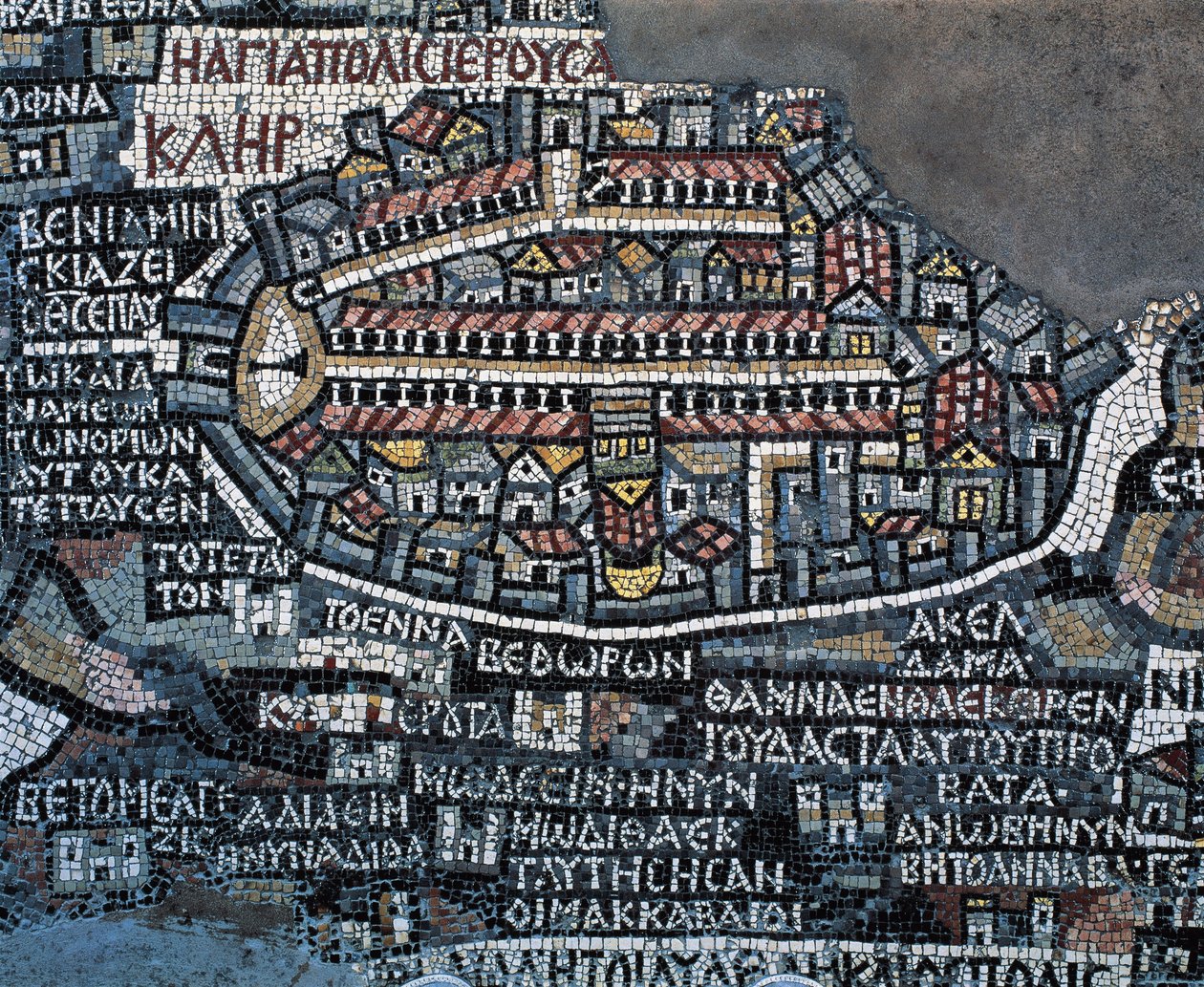 Madaba mosaic map, 560, Greek Orthodox Basilica of St George, Madaba, Jordan, Byzantine civilization, 6th century by Byzantine School
