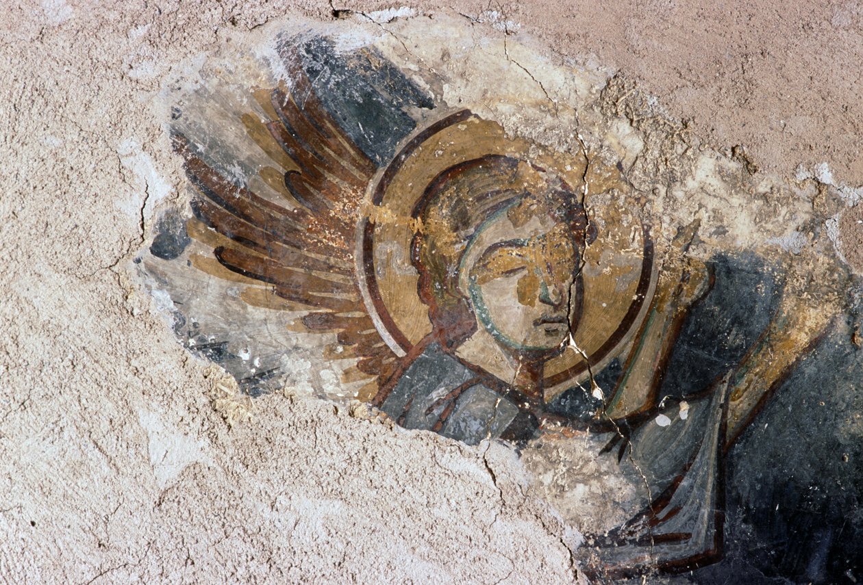 Angel, fresco in the Byzantine church of Agios Georgios, Apodoulou, Crete, Greece by J.B. and Brown J. Rowbotham