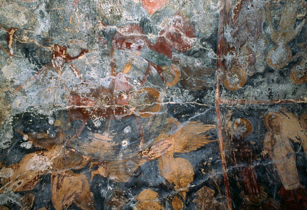 Damaged fresco in church of Metamorphosis Sotiros, Voutas, Crete, Greece by J.B. and Brown J. Rowbotham