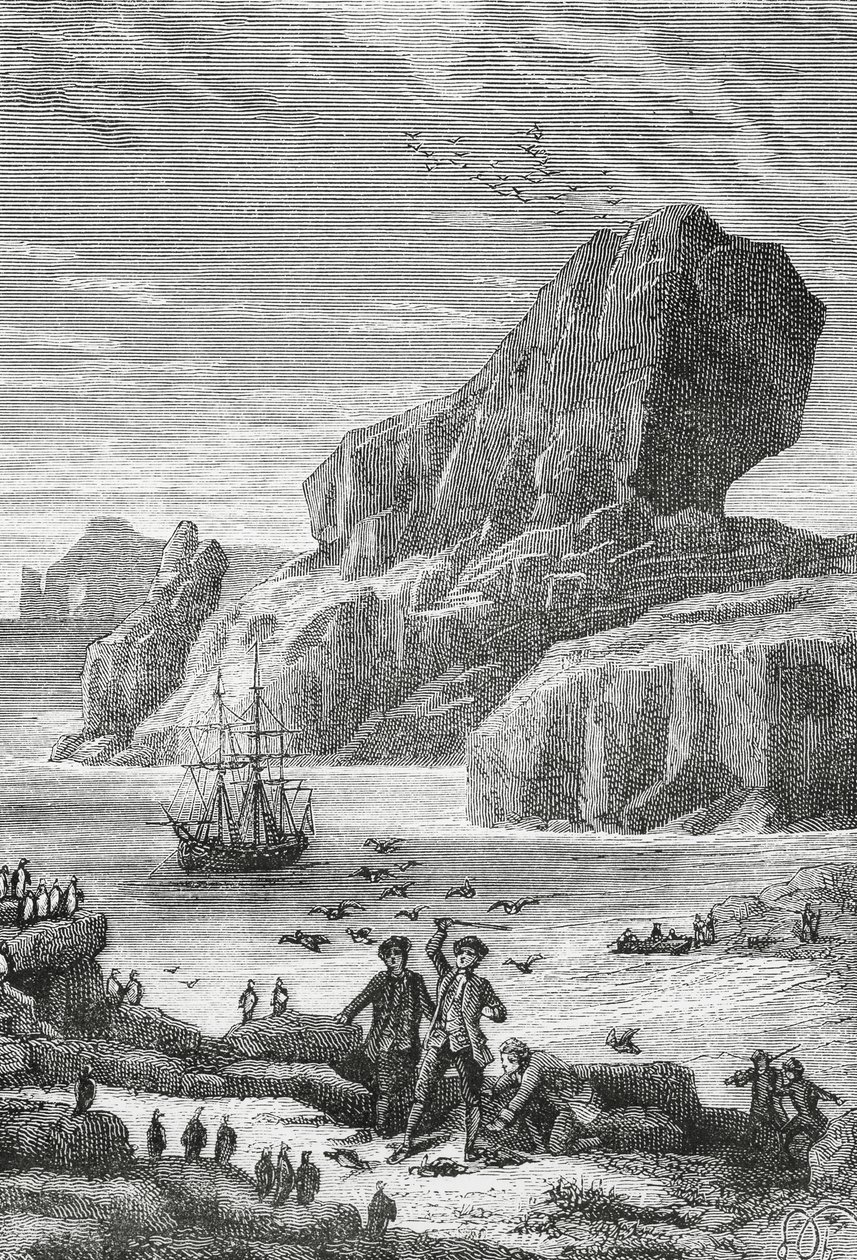Discovery of Austral France (Kerguelen Islands) by French explorer Yves-Joseph de Kerguelen-Tremarec (1734-1797), February 1772, engraving, Indian Ocean, Territory of French Southern and Antarctic Lands by J.B. and Brown J. Rowbotham