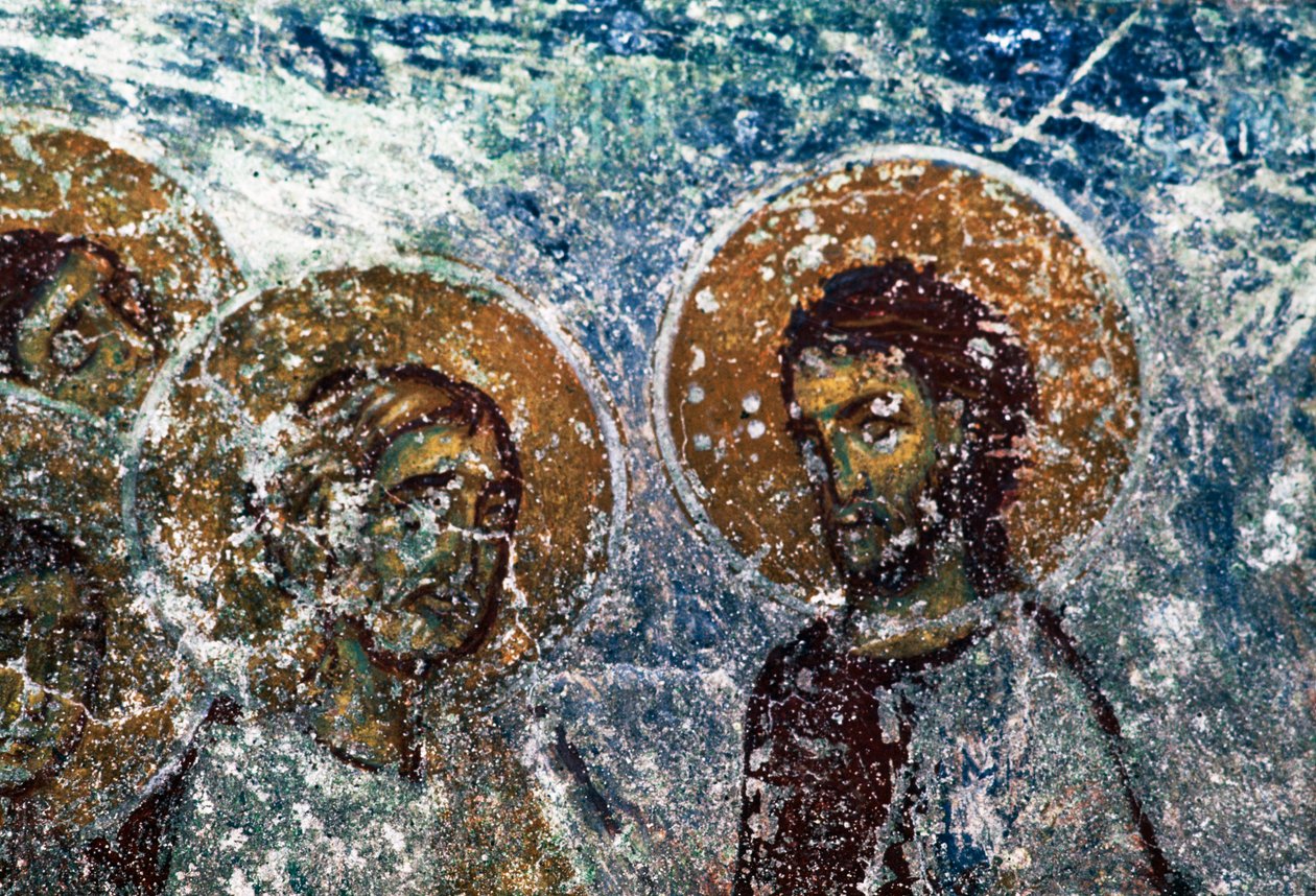 Figures of saints, fresco in church of Taxiarhon, Old Pyli, Kos island, Greece by J.B. and Brown J. Rowbotham