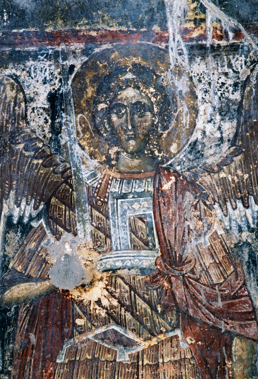 Horse, damaged fresco on ceiling of the church of Agios Vasileios, Vavouledo, Crete, Greece by J.B. and Brown J. Rowbotham