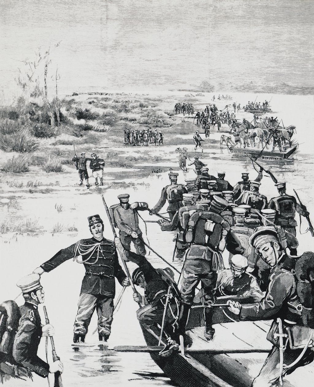 Japanese troops under the command of Yamagata Aritomo crossing the Yalu river by J.B. and Brown J. Rowbotham