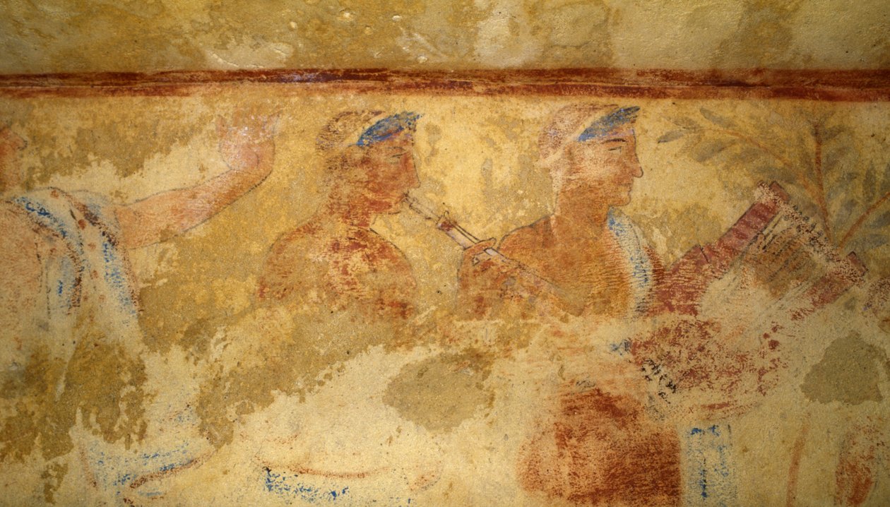 Musicians, fresco, (detail), Tomb of the Blue Demons, Necropolis of Tarquinia, Lazio, Italy. Etruscan civilization, 5th century BC by J.B. and Brown J. Rowbotham