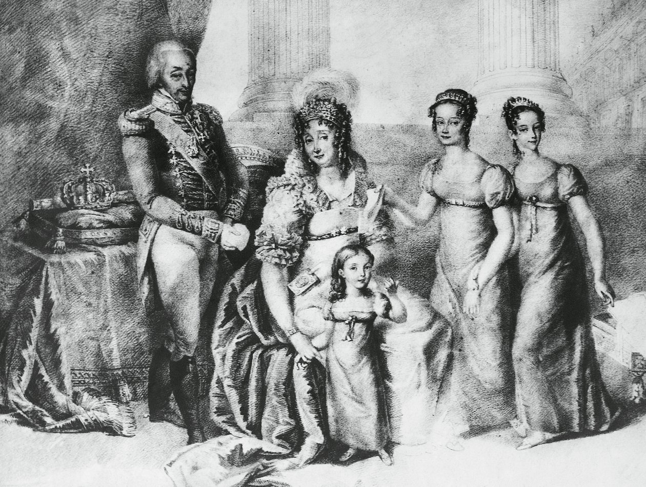 Portrait of Victor Emmanuel I with his wife Maria Theresa of Austria-Este and his daughters by J.B. and Brown J. Rowbotham