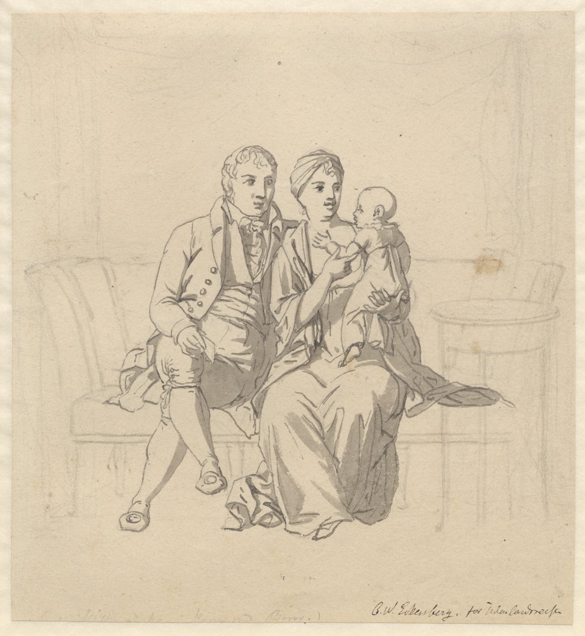 A young couple sitting on a sofa, she with a child in her arms by Christoffer Wilhelm Eckersberg