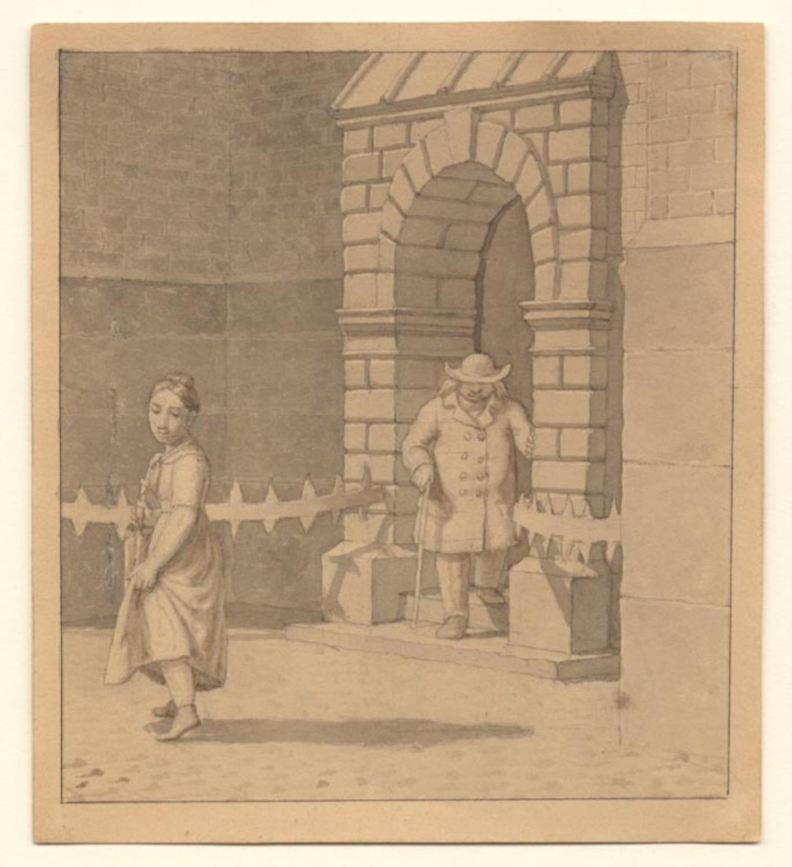 Street Scene with a Young Girl Lifting Her Skirt; in the Background an Elderly Man with a Cane by Christoffer Wilhelm Eckersberg