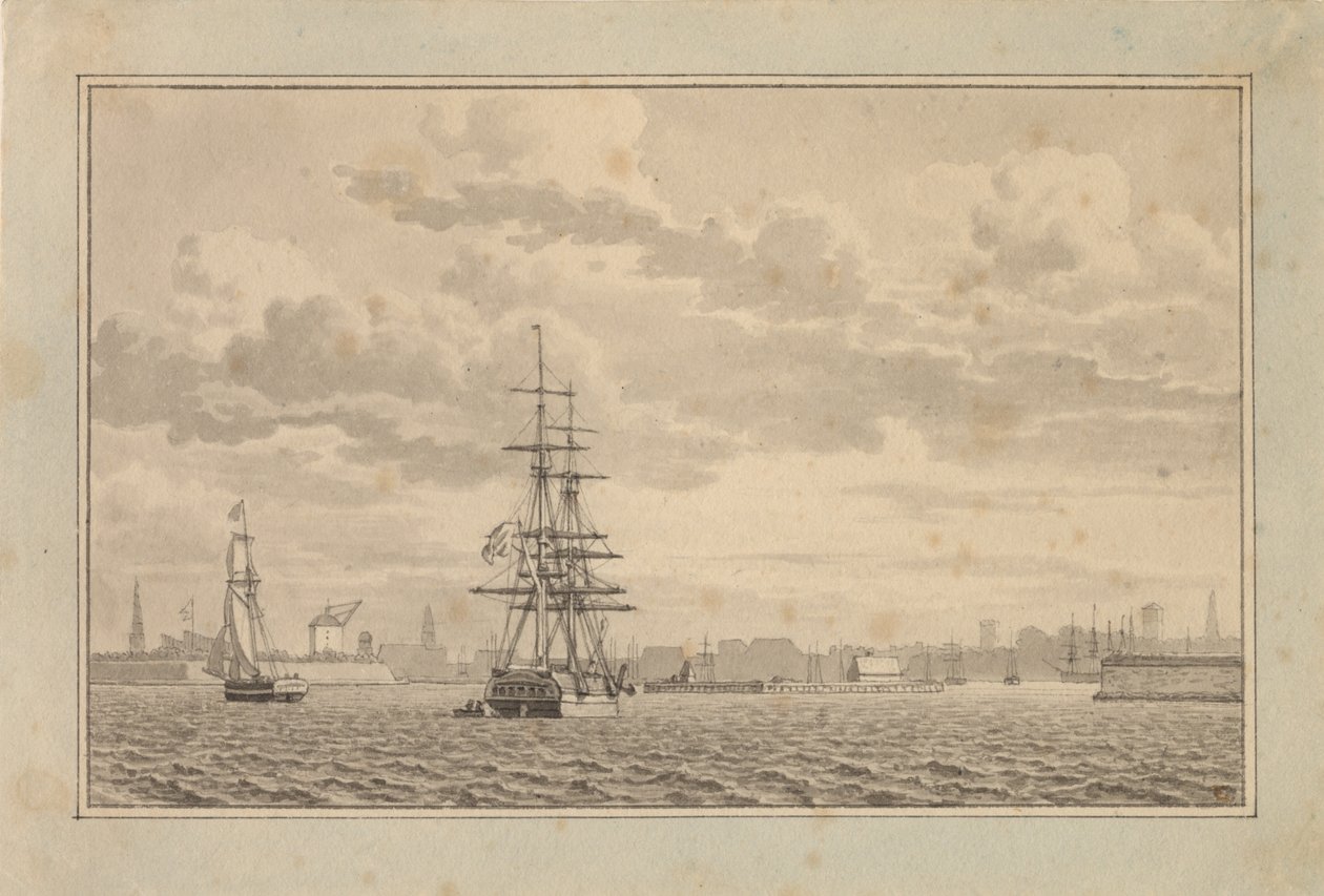 Copenhagen Seen from the Outer Harbor with a Brig at Anchor and a Sailing Sloop by Christoffer Wilhelm Eckersberg