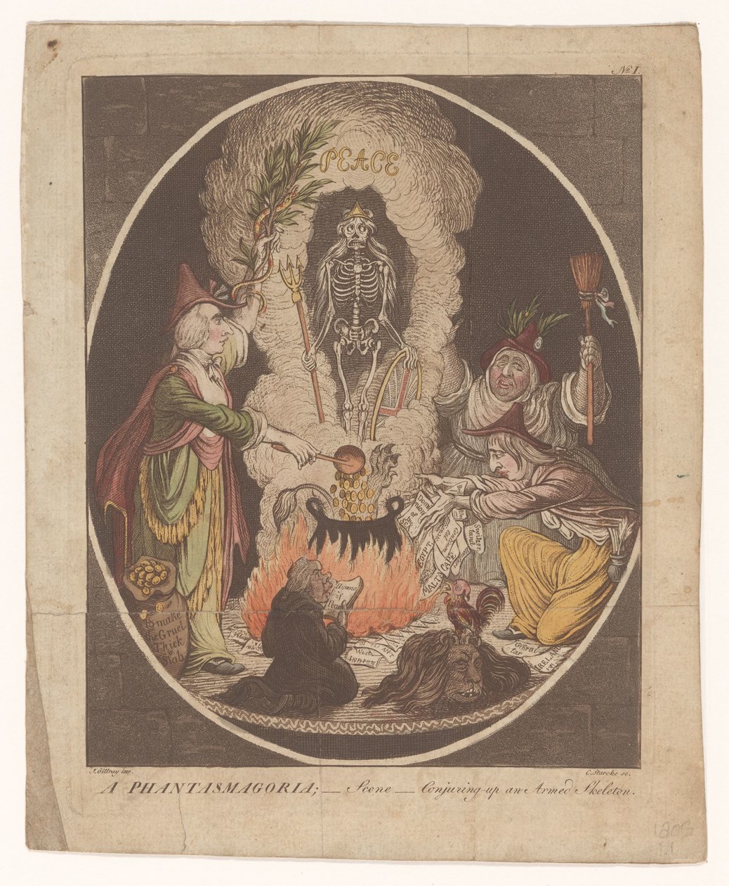 Caricature of the Peace of Amiens, 1802 (A Phantasmagoria; - Scene - Conjuring-up an Armed Skeleton) by C. Starcke