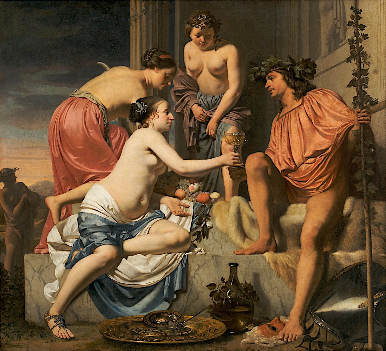 Bacchus on a Throne, Nymphs Offering Bacchus Wine and Fruit by Cesar Boetius van Everdingen