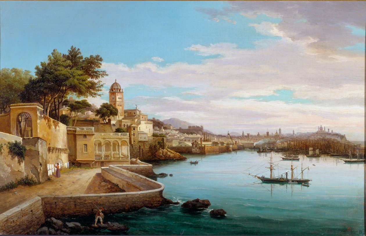 View of the port of Genoa, Italy. Painting by Cambiaso (19th century) Genes, Galleria d