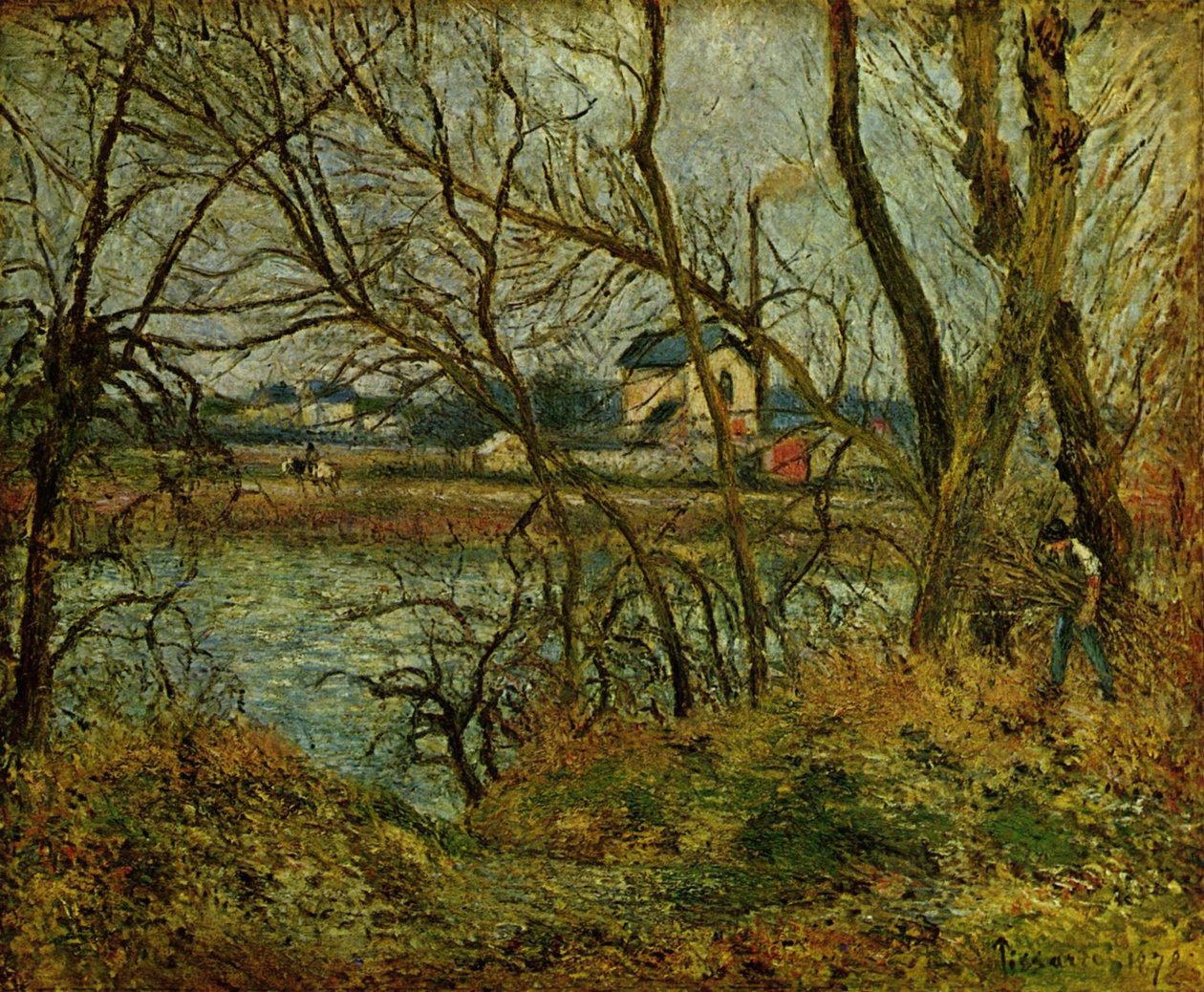 Banks of the Oise, near Pontoise, Grey Weather by Camille Jacob Pissarro