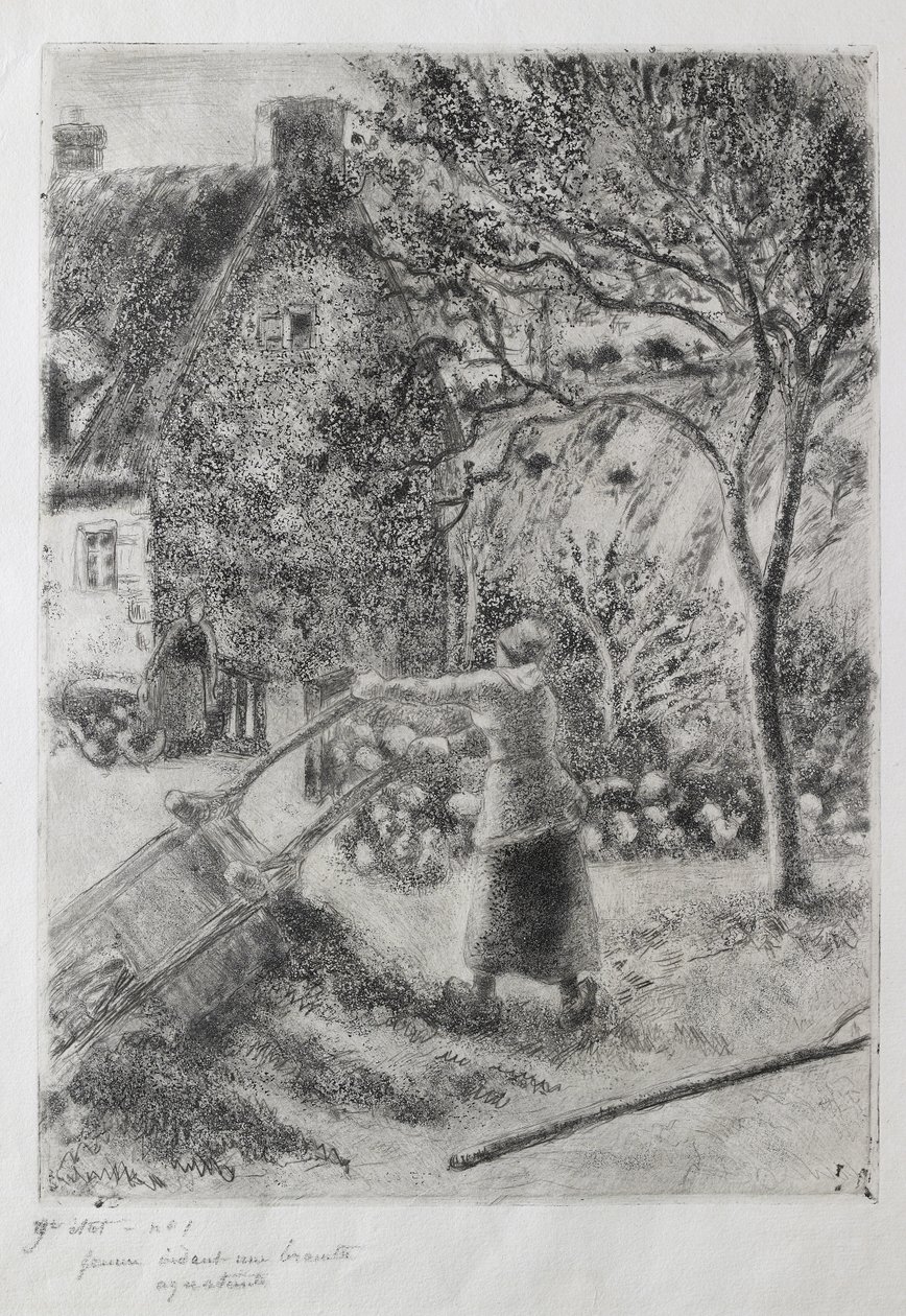 Woman emptying a wheelbarrow by Camille Jacob Pissarro