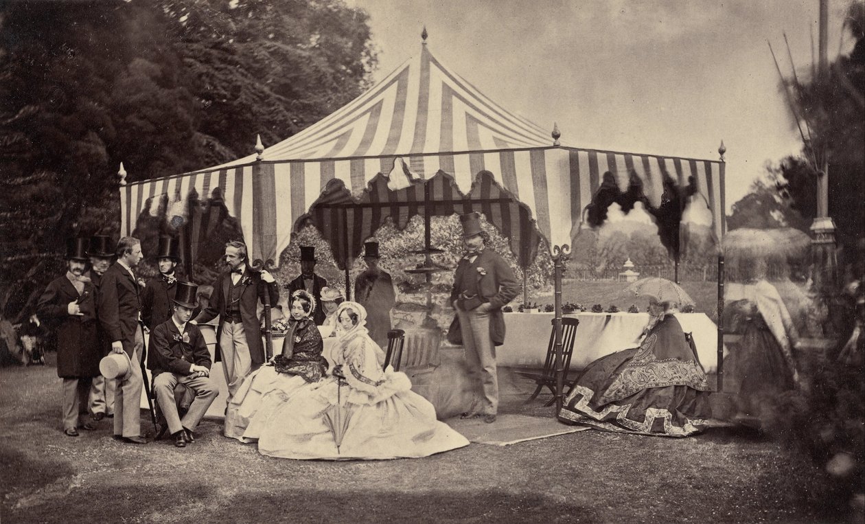 Group of Well-Dressed People in Front of an Outdoor Tent by Camille Silvy