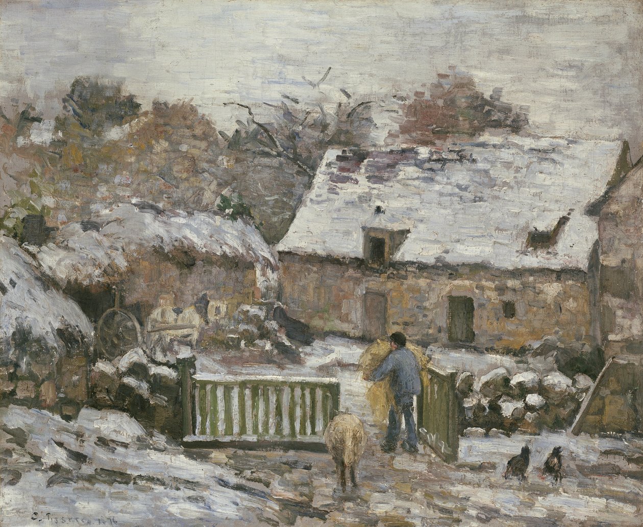 A Farm at Montfoucault: Effect of Snow, 1876 by Camille Jacob Pissarro