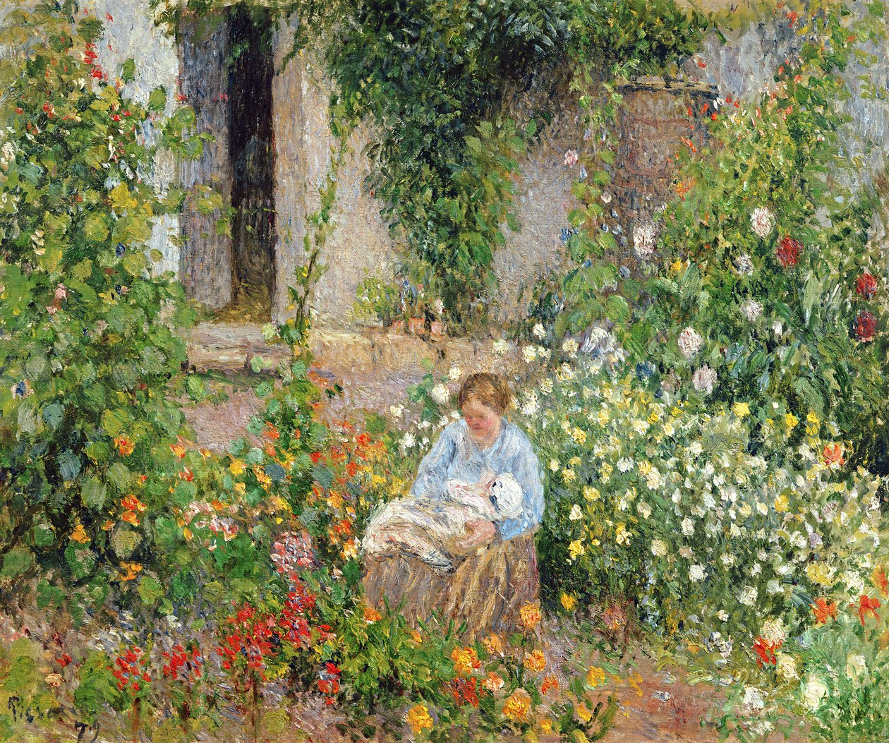 Mother and Child in the Flowers by Camille Jacob Pissarro