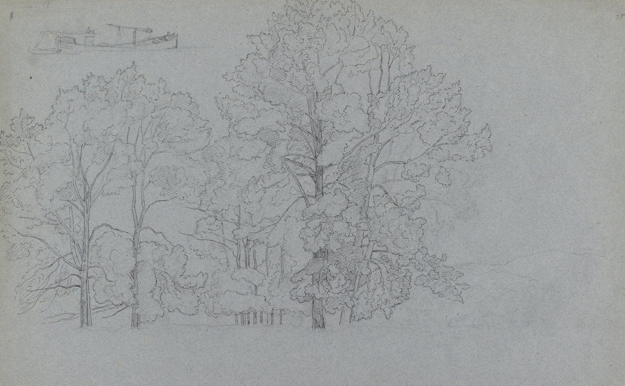 Study of Trees, with a Slight Study of a Barge by Camille Jacob Pissarro