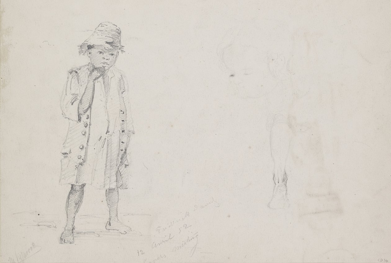 Whole-length Study of a small boy with faint studies of his face and his left leg seen from the back, 1852 by Camille Jacob Pissarro