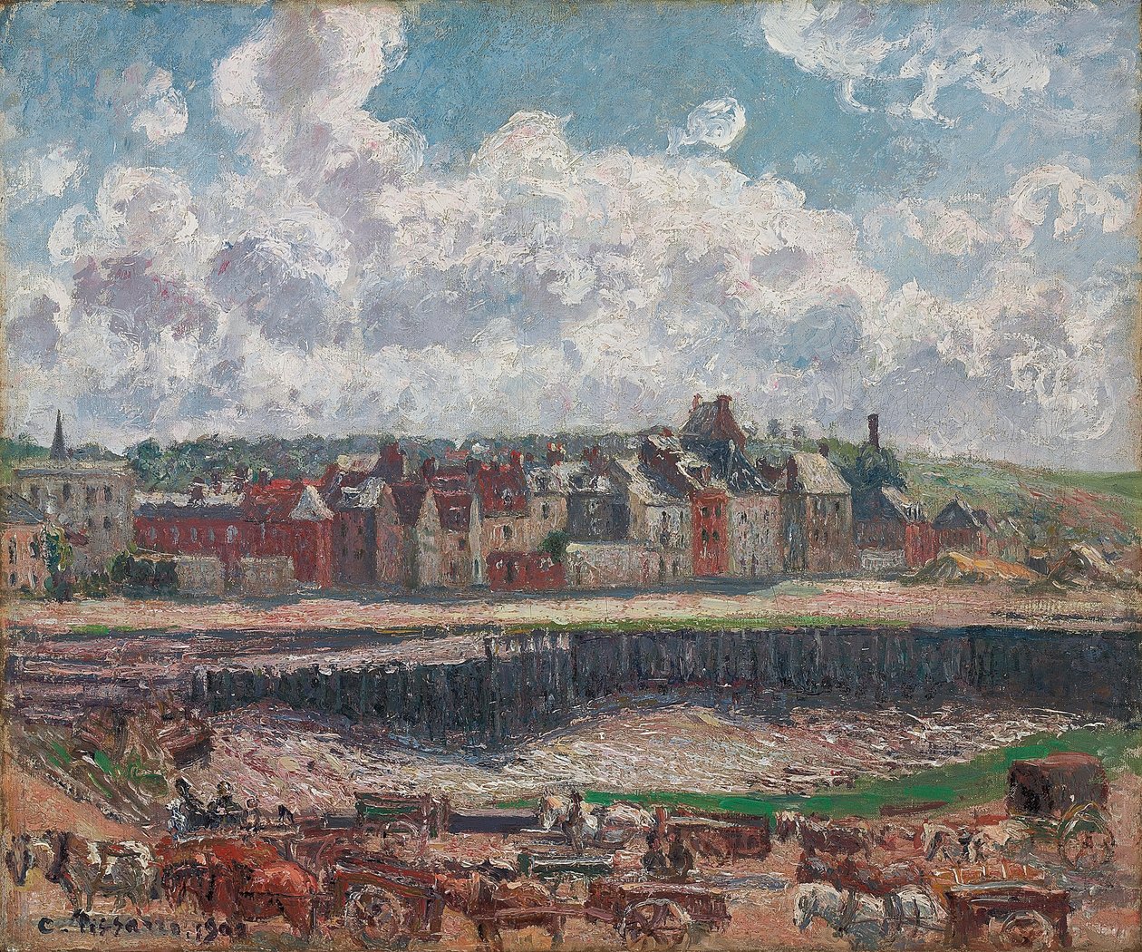 Horses and Carts in Front of the Fishing Harbour, Dieppe, at Low Tide by Camille Jacob Pissarro