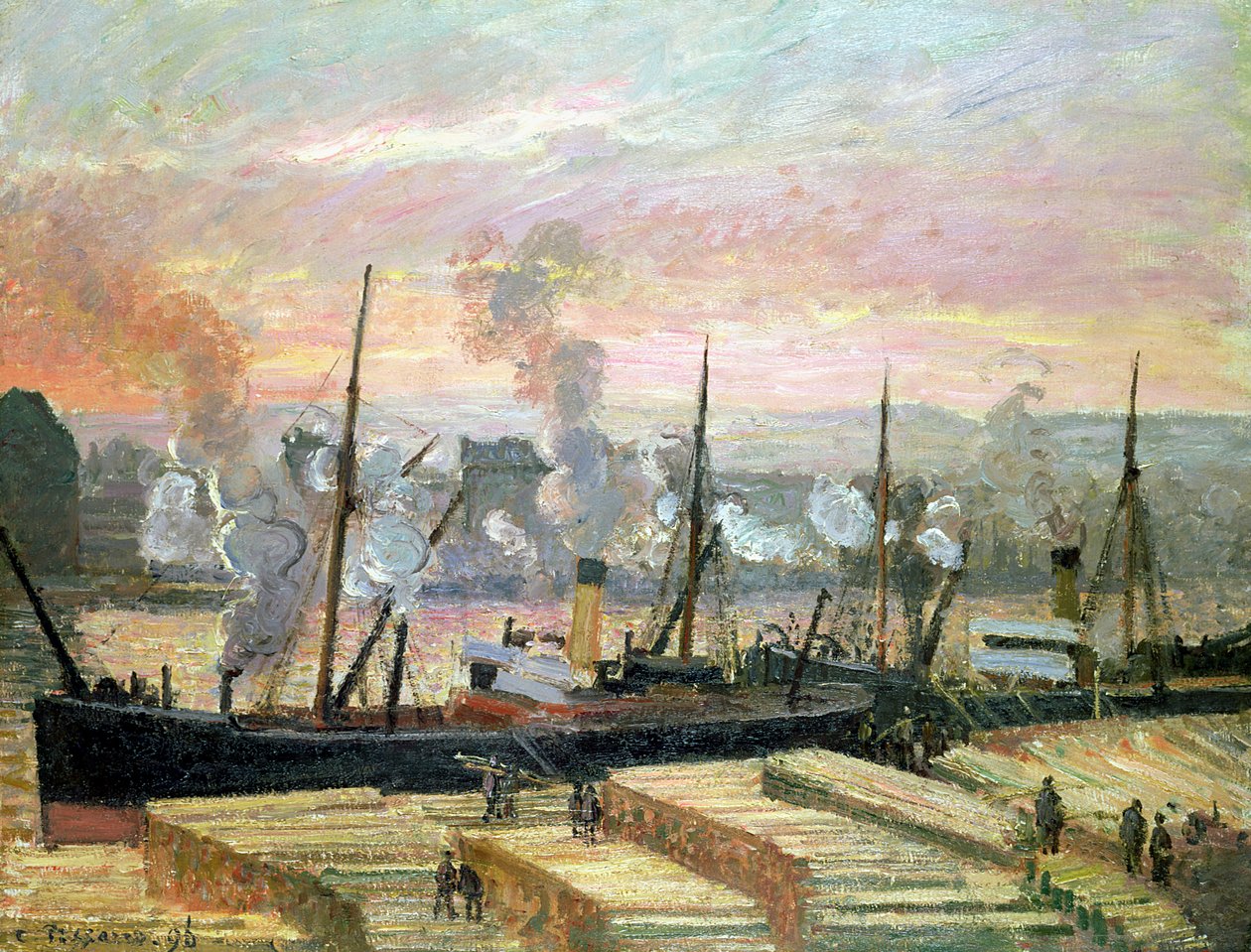 Sunset at Rouen, Boats Unloading Wood by Camille Jacob Pissarro