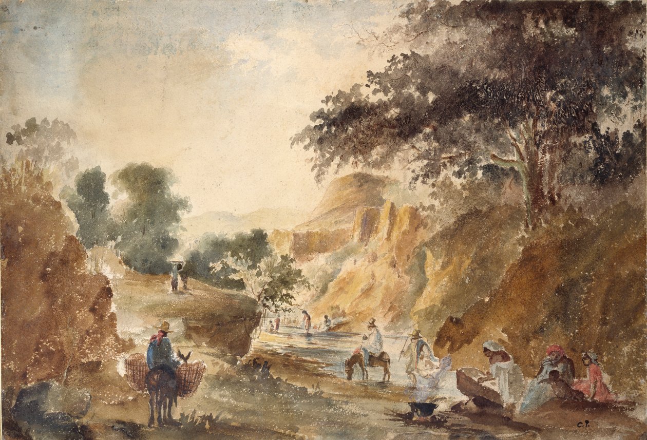 Landscape with figures by a river, 1853-1854 by Camille Pissarro