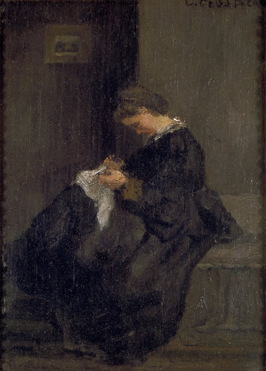 Mme Pissarro Sewing by Camille Pissarro